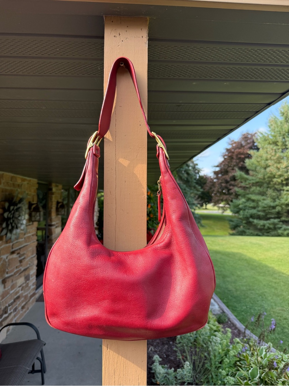 Coach Red Pebbled Leather Hobo with Gold Hardware